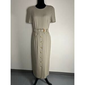 TALBOTS VTG maxi 100% Rayon Dress Khaki Color  Pockets Large Buttone Bel…